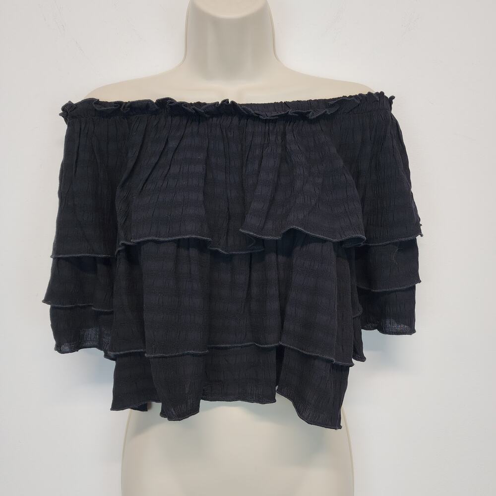 Womens Ruffle Tiered Crop Top Sz S Black Off Shoulder Flowy Whimsy Gypsy Pirate